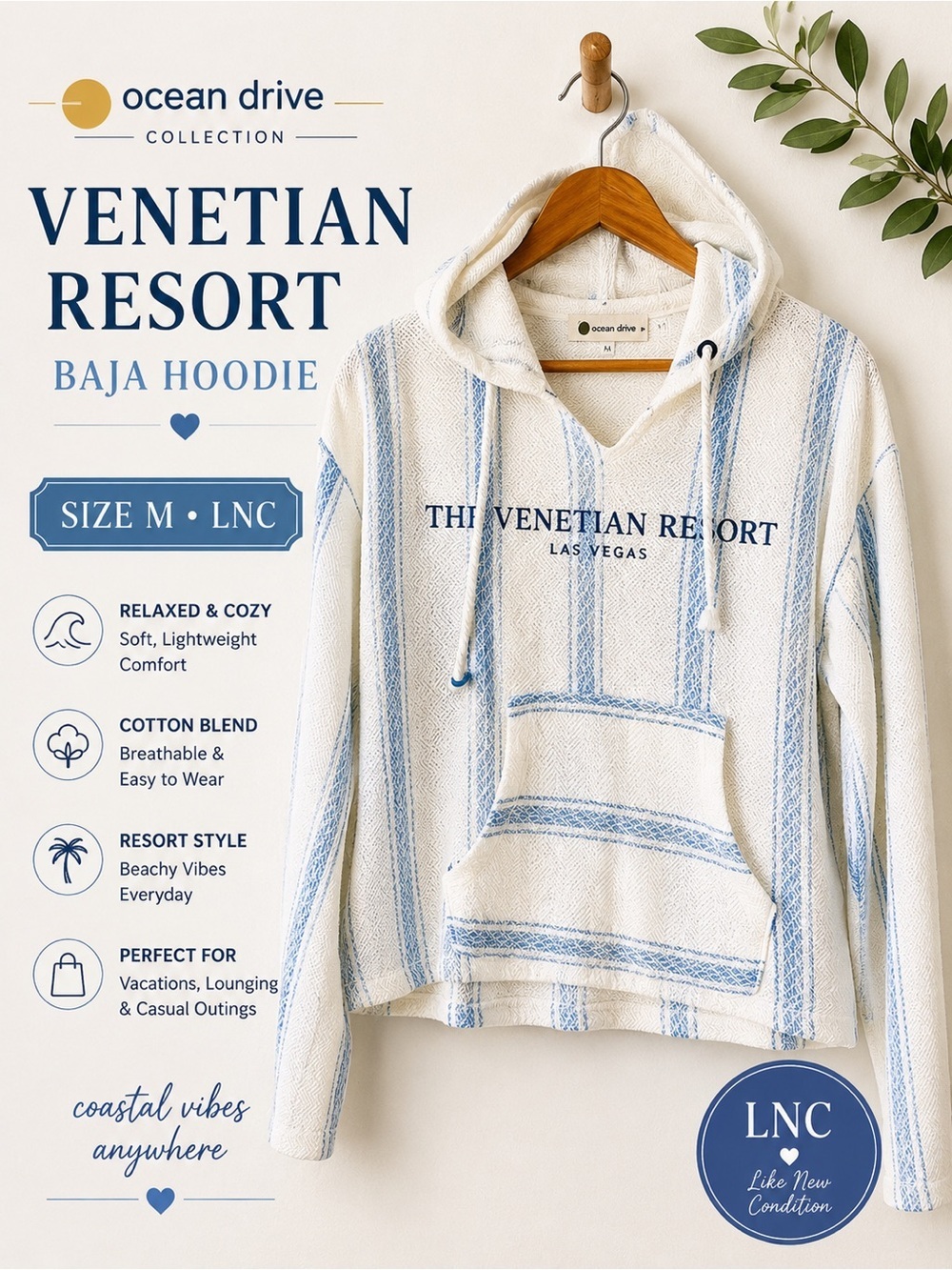Ocean Drive Venetian Resort Las Vegas Striped Baja Hoodie Size M